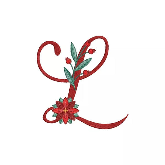 Lettre L de l'alphabet de Noël poinsettia pour broderie machine avec fleurs et feuillages festifs | Poinsettia Christmas letter L for machine embroidery with festive flowers and foliage.
