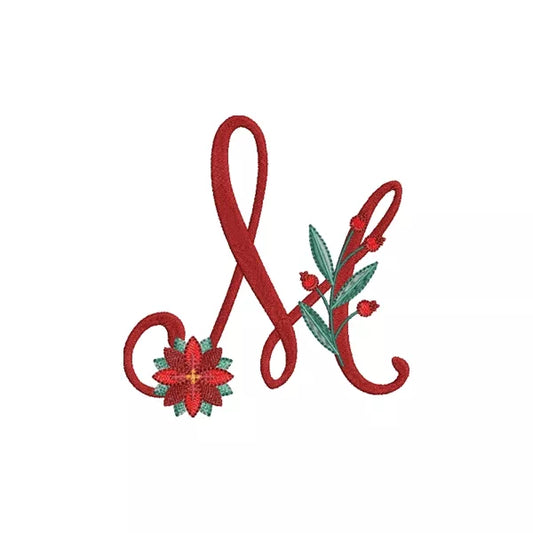 Lettre M de l'alphabet de Noël poinsettia pour broderie machine avec fleurs et feuillages festifs | Poinsettia Christmas letter M for machine embroidery with festive flowers and foliage.