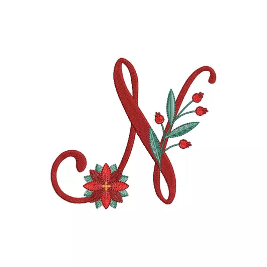 Lettre N de l'alphabet de Noël poinsettia pour broderie machine avec fleurs et feuillages festifs | Poinsettia Christmas letter N for machine embroidery with festive flowers and foliage.