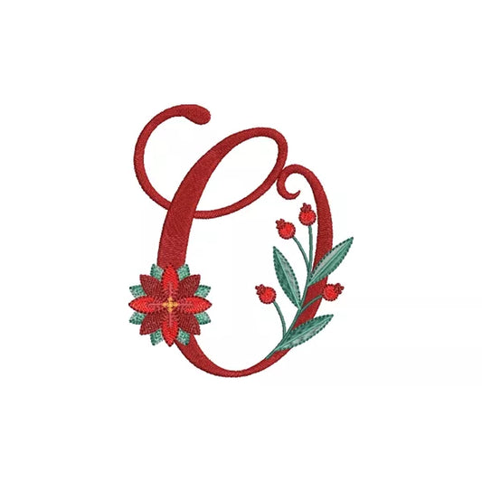 Lettre O de l'alphabet de Noël poinsettia pour broderie machine avec fleurs et feuillages festifs | Poinsettia Christmas letter O for machine embroidery with festive flowers and foliage.