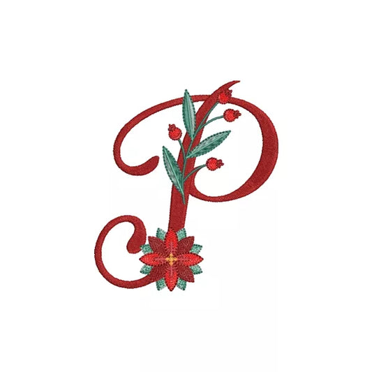 Lettre P de l'alphabet de Noël poinsettia pour broderie machine avec fleurs et feuillages festifs | Poinsettia Christmas letter P for machine embroidery with festive flowers and foliage.