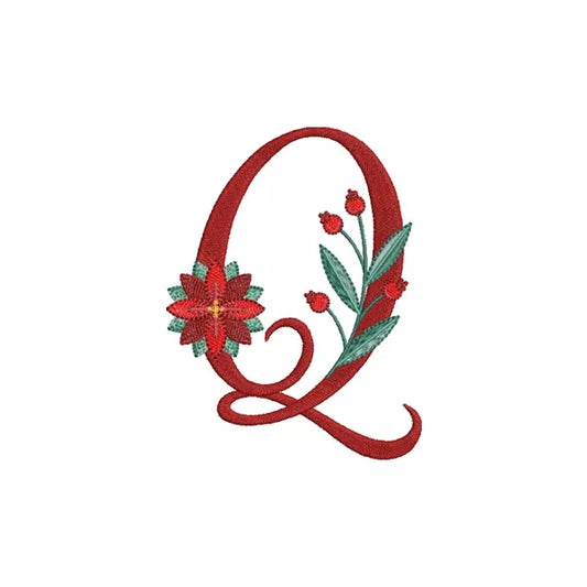 Lettre Q de l'alphabet de Noël poinsettia pour broderie machine avec fleurs et feuillages festifs | Poinsettia Christmas letter Q for machine embroidery with festive flowers and foliage.