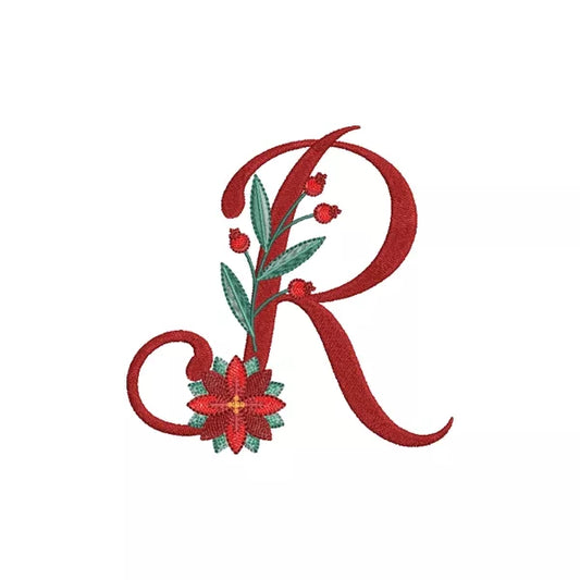Lettre R de l'alphabet de Noël poinsettia pour broderie machine avec fleurs et feuillages festifs | Poinsettia Christmas letter R for machine embroidery with festive flowers and foliage.