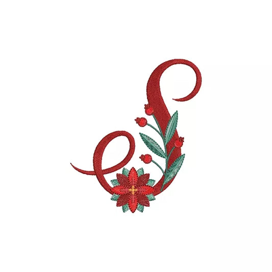Lettre S de l'alphabet de Noël poinsettia pour broderie machine avec fleurs et feuillages festifs | Poinsettia Christmas letter S for machine embroidery with festive flowers and foliage.