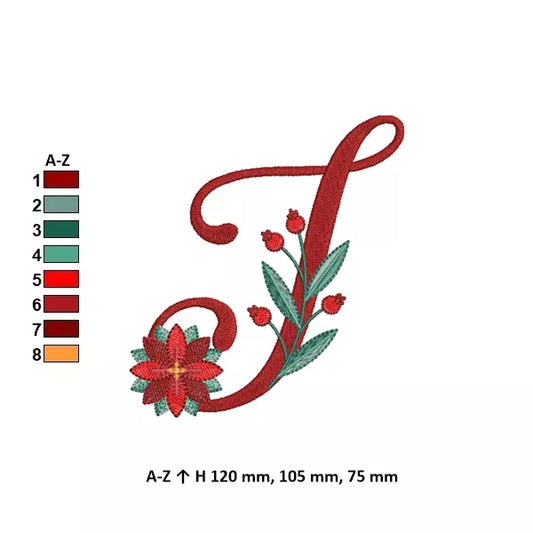 Info - Lettre T de l'alphabet de Noël poinsettia pour broderie machine avec fleurs et feuillages festifs | Poinsettia Christmas letter T for machine embroidery with festive flowers and foliage.
