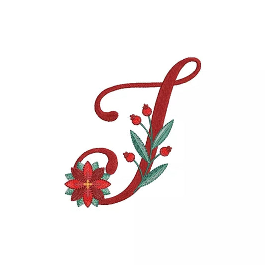 Lettre T de l'alphabet de Noël poinsettia pour broderie machine avec fleurs et feuillages festifs | Poinsettia Christmas letter T for machine embroidery with festive flowers and foliage.