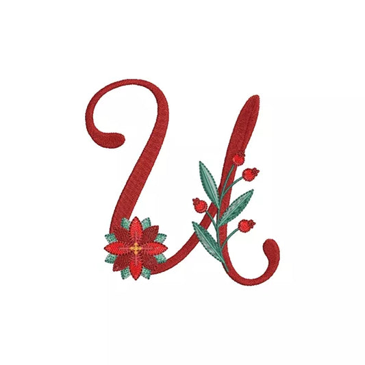 Lettre U de l'alphabet de Noël poinsettia pour broderie machine avec fleurs et feuillages festifs | Poinsettia Christmas letter U for machine embroidery with festive flowers and foliage.