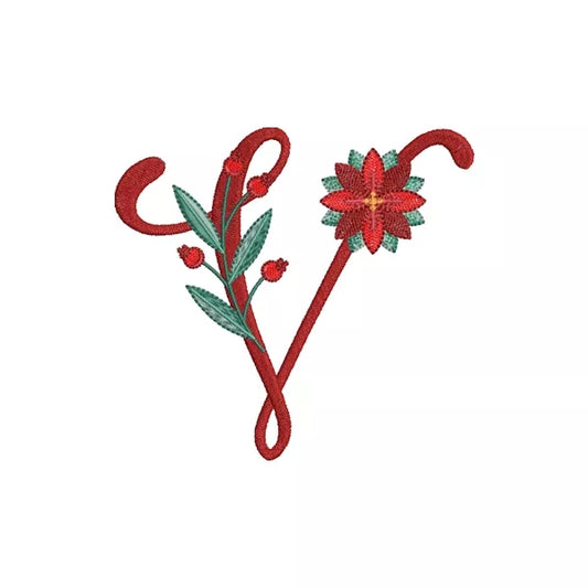 Lettre V de l'alphabet de Noël poinsettia pour broderie machine avec fleurs et feuillages festifs | Poinsettia Christmas letter V for machine embroidery with festive flowers and foliage.