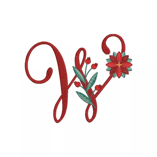 Lettre W de l'alphabet de Noël poinsettia pour broderie machine avec fleurs et feuillages festifs | Poinsettia Christmas letter W for machine embroidery with festive flowers and foliage.