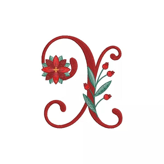 Lettre X de l'alphabet de Noël poinsettia pour broderie machine avec fleurs et feuillages festifs | Poinsettia Christmas letter X for machine embroidery with festive flowers and foliage.