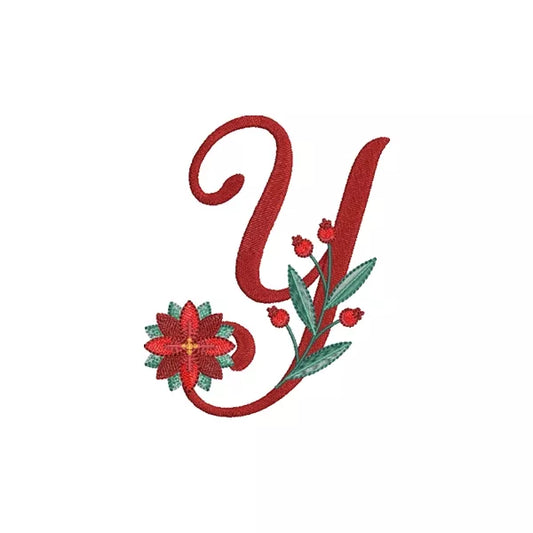 Lettre Y de l'alphabet de Noël poinsettia pour broderie machine avec fleurs et feuillages festifs | Poinsettia Christmas letter Y for machine embroidery with festive flowers and foliage.