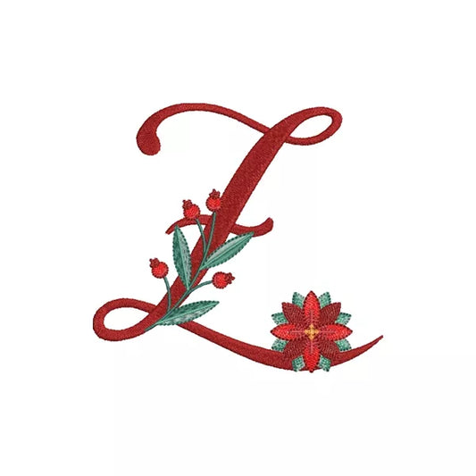 Lettre Z de l'alphabet de Noël poinsettia pour broderie machine avec fleurs et feuillages festifs | Poinsettia Christmas letter Z for machine embroidery with festive flowers and foliage.