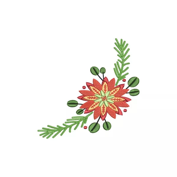 Poinsettia de Noël avec branches de sapin - Motif de broderie machine CuteRoyal | Machine Embroidery Design.