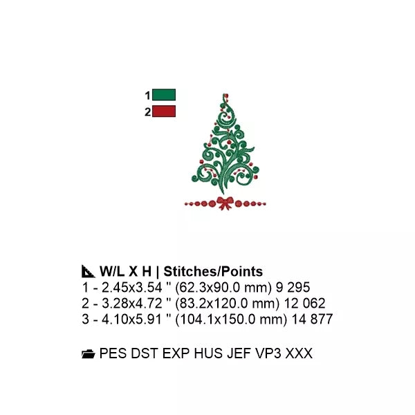 Sapin de Noël arabesque vert avec boules et nœud rouge - Motif de broderie machine CuteRoyal – Info dimensions couleurs et nombre de points.