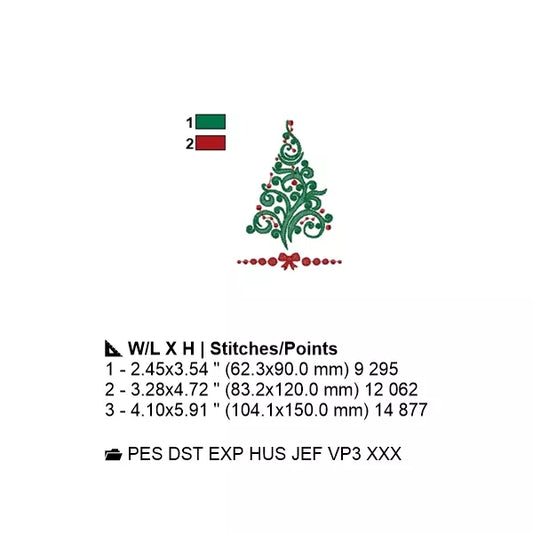 Sapin de Noël arabesque vert avec boules et nœud rouge - Motif de broderie machine CuteRoyal – Info dimensions couleurs et nombre de points.