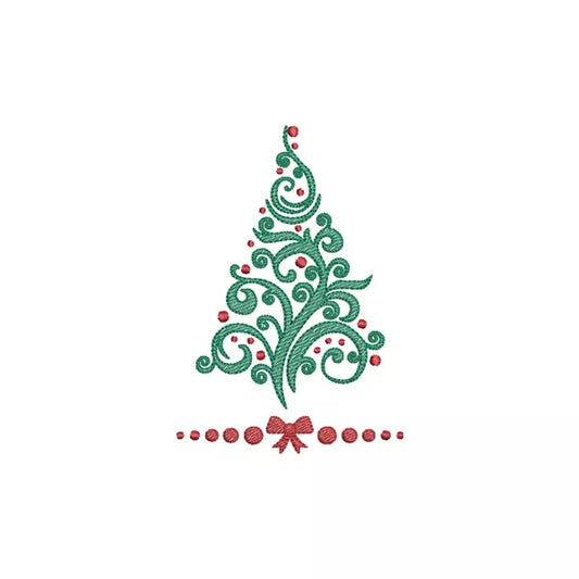 Sapin de Noël arabesque vert avec boules et nœud rouge - Motif de broderie machine CuteRoyal | Swirly Christmas Tree - Machine Embroidery Design.