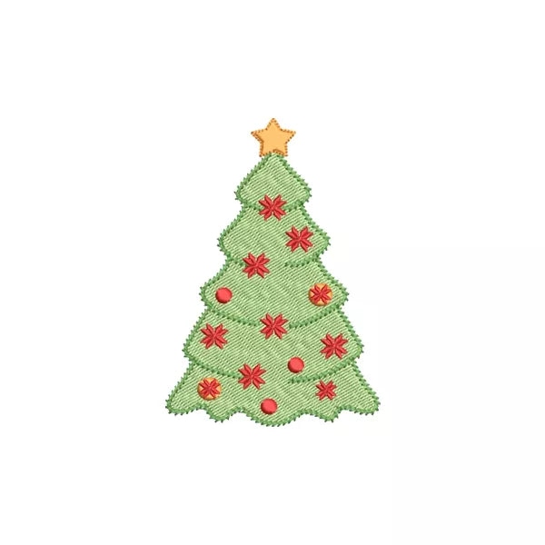 Sapin de Noël vert avec ornements rouge et jaune avec une étoile jaune au dessus de l'arbre - Motif de broderie machine - CuteRoyal | Christmas tree machine embroidery design.