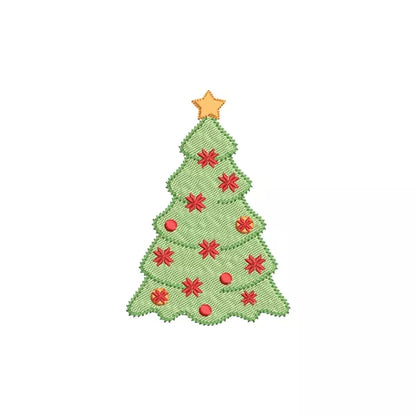 Sapin de Noël vert avec ornements rouge et jaune avec une étoile jaune au dessus de l'arbre - Motif de broderie machine - CuteRoyal | Christmas tree machine embroidery design.